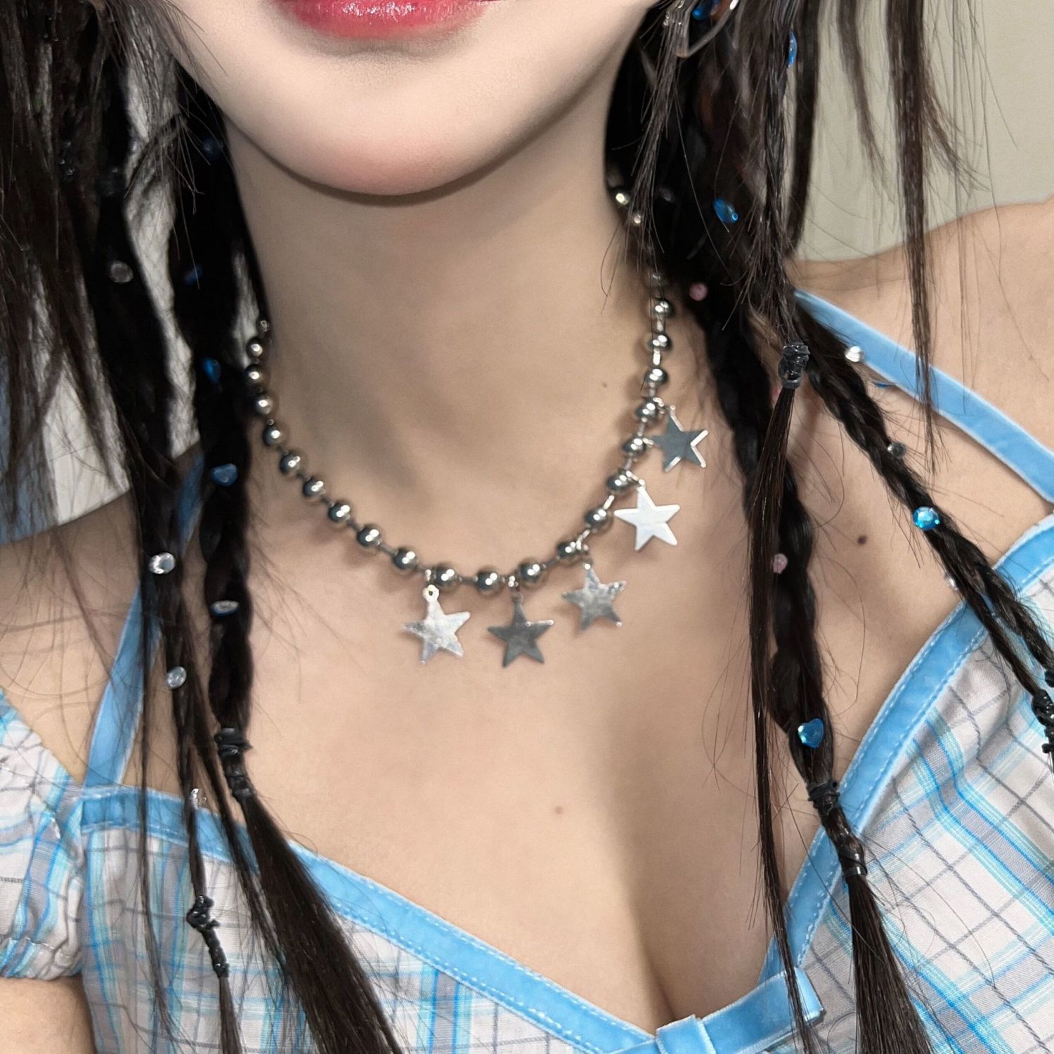 y2k甜酷風大圓珠五角星項鍊女復古簡約小眾設計辣妹chocker鎖骨鏈
