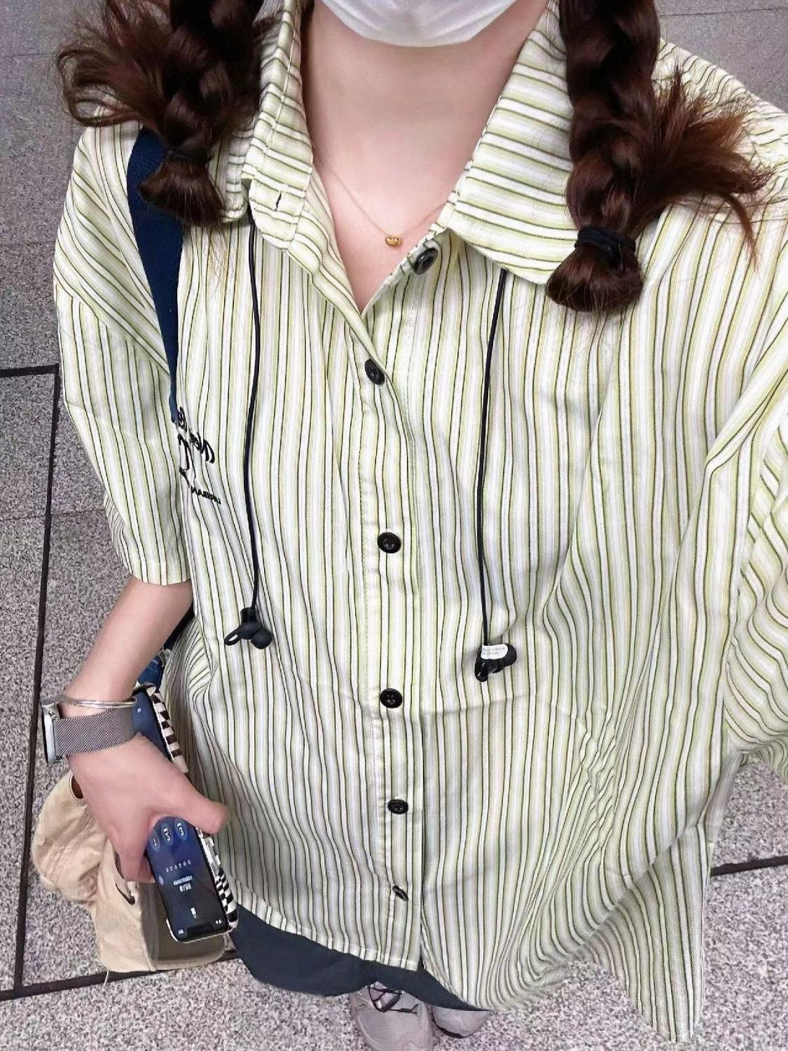 2023夏季薄款小清新刺繡綠色條紋襯衫短袖女寬鬆百搭顯瘦襯衣外穿