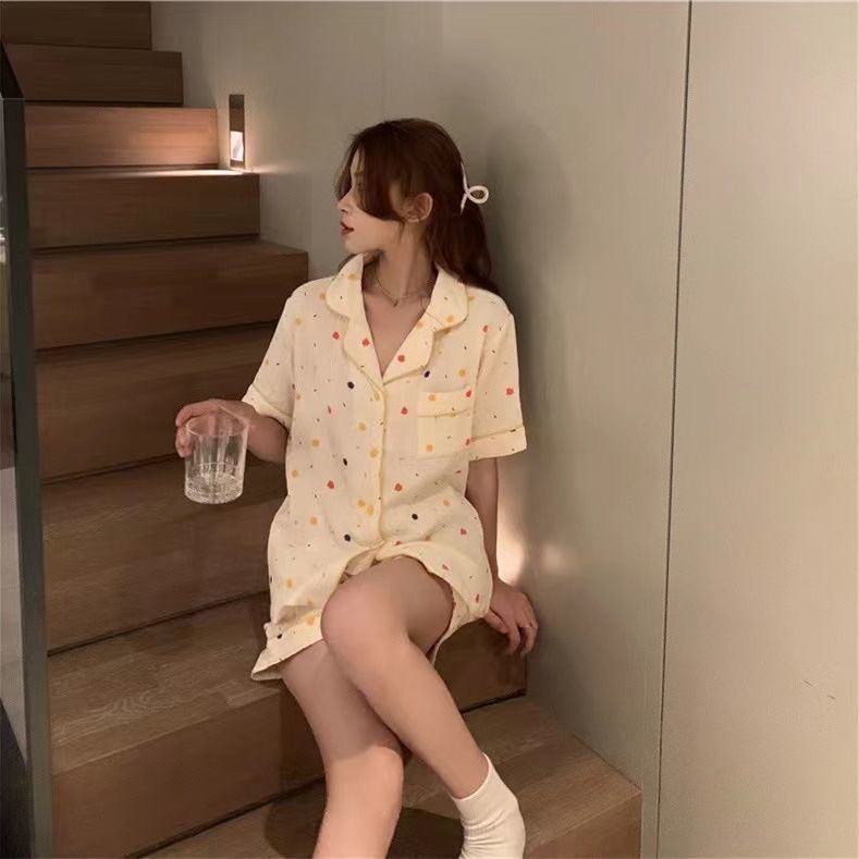 Japanese ins wind pajamas female summer sweet cardigan short-sleeved shorts thin section students can wear home service suits