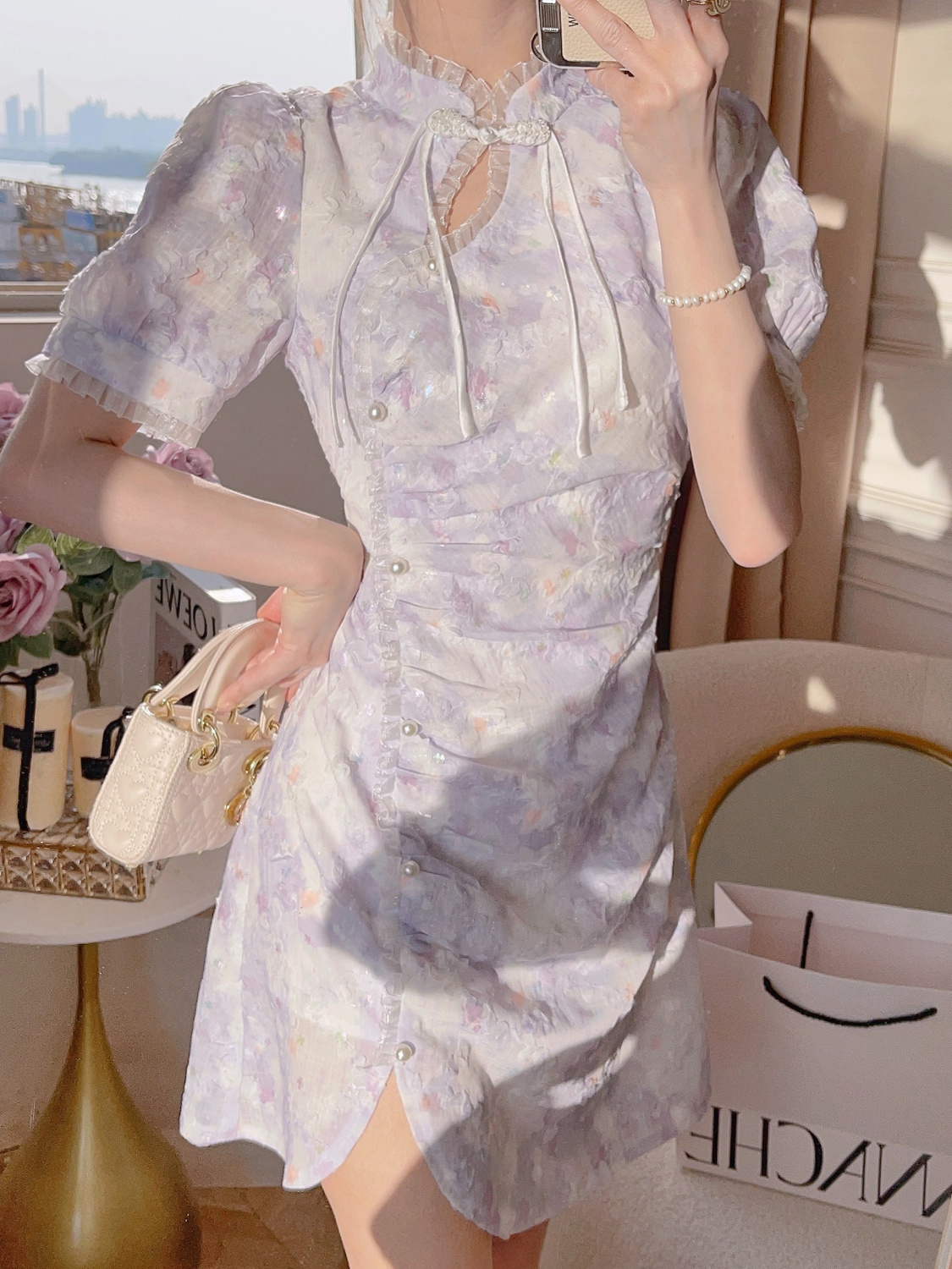 張心子【油畫調色師】法式宮廷風改良旗袍連衣裙女2023夏新款裙子
