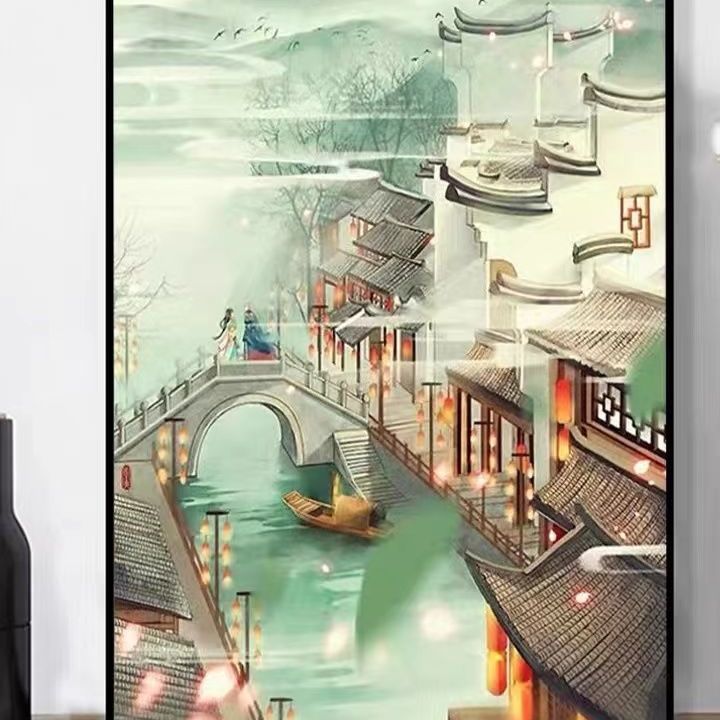 纯手工十字绣小图成品烟雨江南风景古风高端餐厅卧室山水挂画