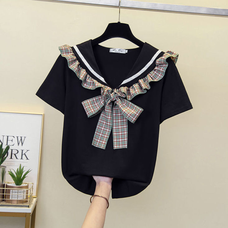 Cotton Girls Navy Collar Top Summer New Zhongda Children's Korean Version of the Western Style College Style Short-sleeved Versatile T-Shirt