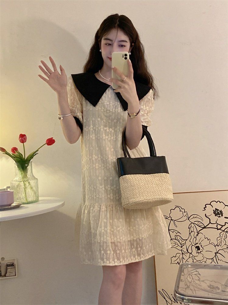 French-style doll collar dress women's summer can be salty and sweet temperament high-level sense of covering flesh and thin bubble short-sleeved skirt