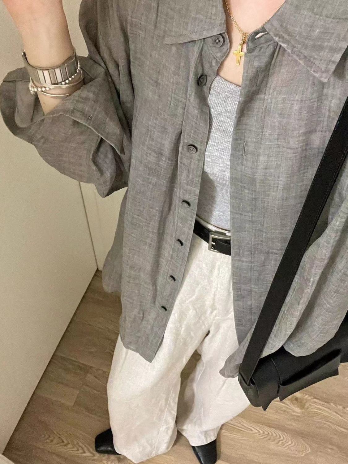2023夏薄款輕奢高檔灰色棉質襯衫外穿女寬鬆百搭顯瘦襯衣防曬開衫
