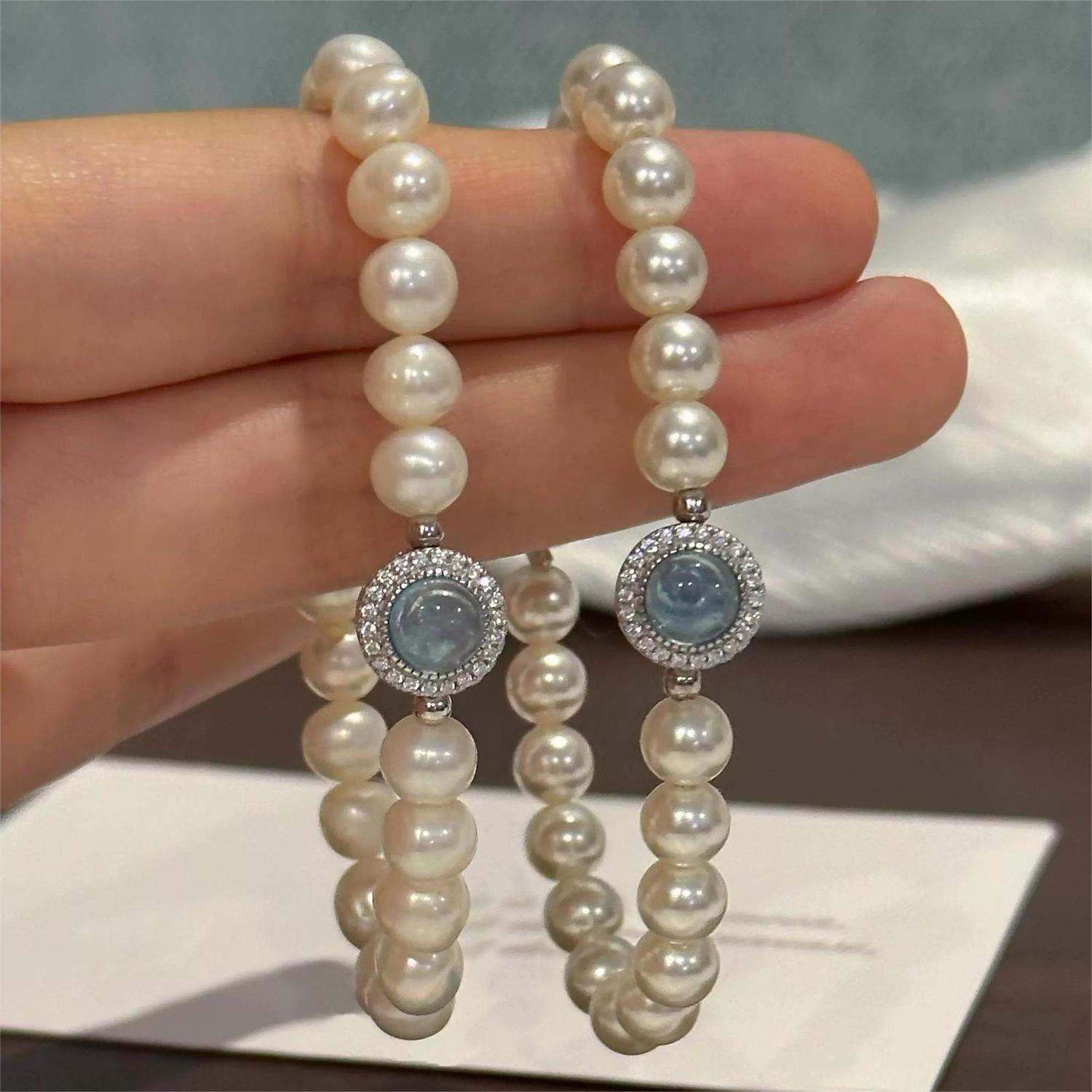 海蓝宝珍珠手链2023年新款轻奢小众 精致珍珠手串礼物送女友闺蜜