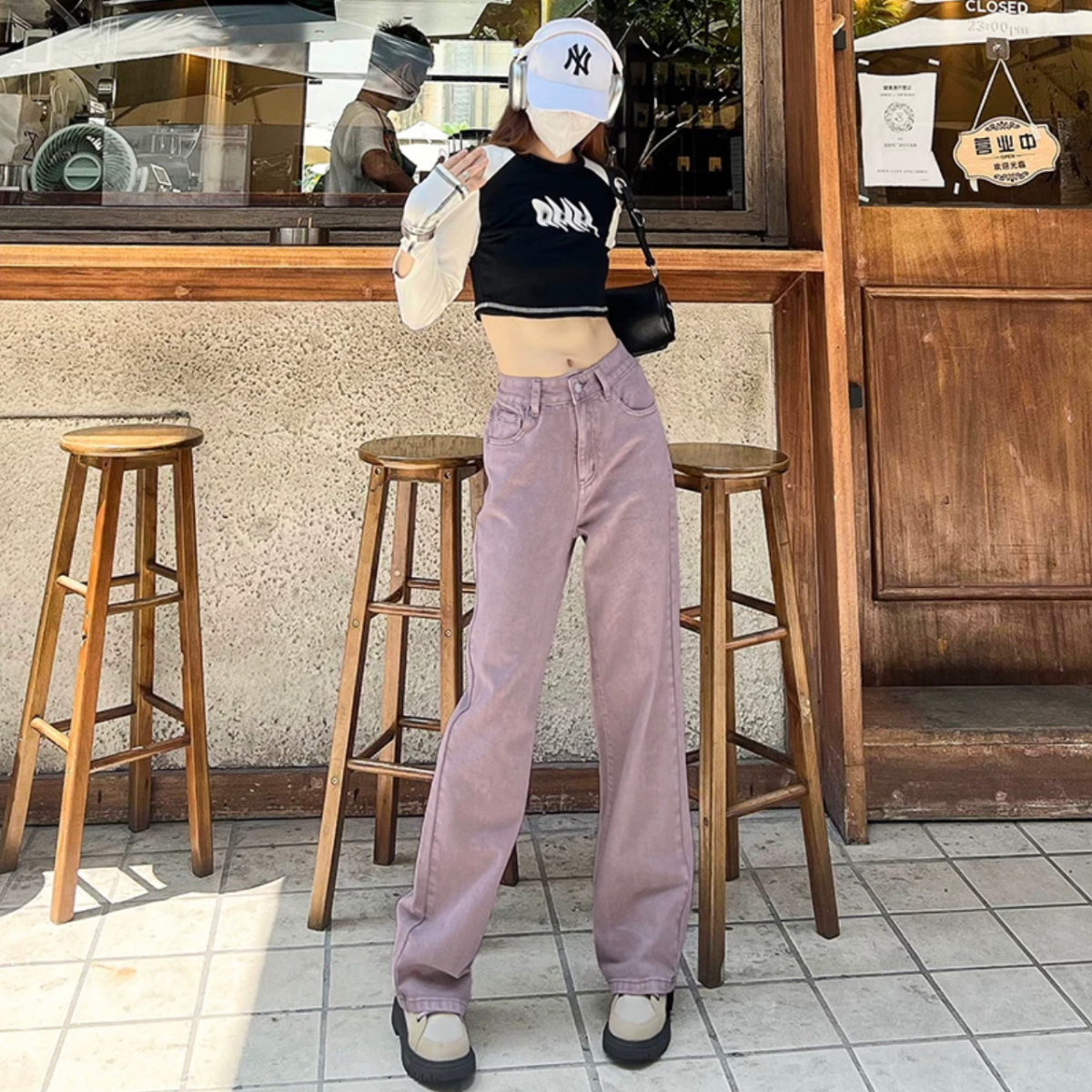 紫色直筒牛仔褲女2023夏季新款韓式ins風顯瘦高腰寬鬆拖地闊腿褲