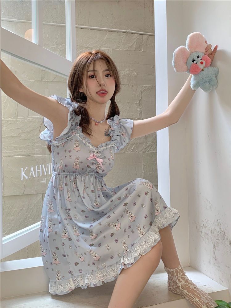 Free eye mask summer nightdress girl student cute princess style sling pajamas casual net red comfortable girl home service