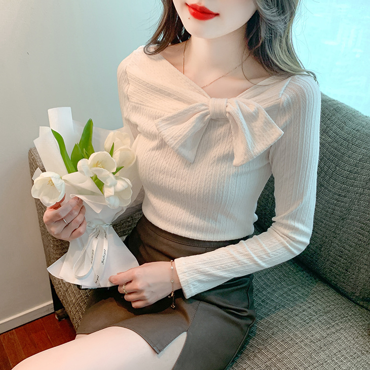 2023 new style French bow v-neck long-sleeved slim-fitting bottoming shirt T-shirt with knitted top underneath