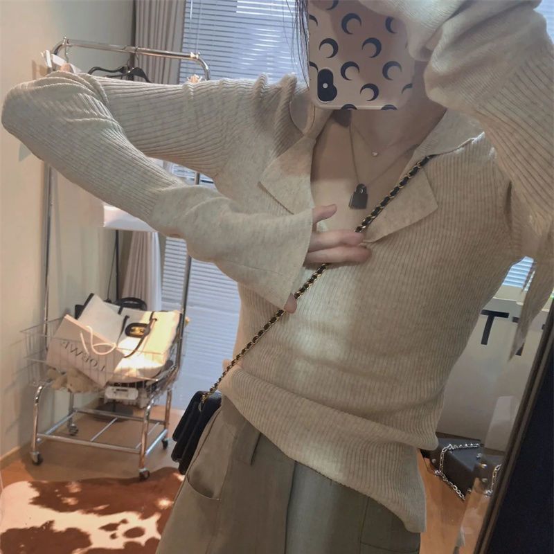 polo領長袖針織衫女初秋薄款設計感打底ins修身百搭別致上衣女