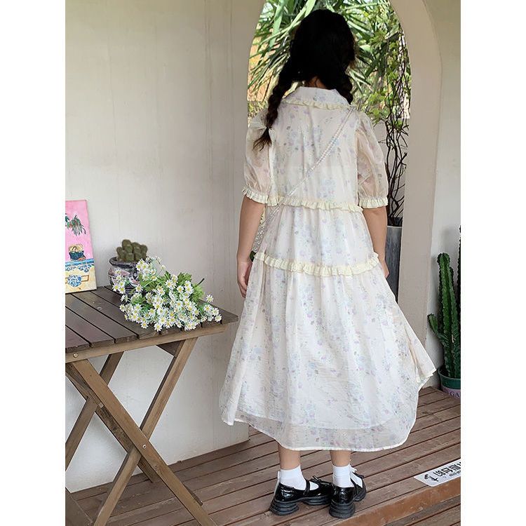 Fresh small flower print dress female summer  new puff sleeve doll collar wood ear stitching floral skirt