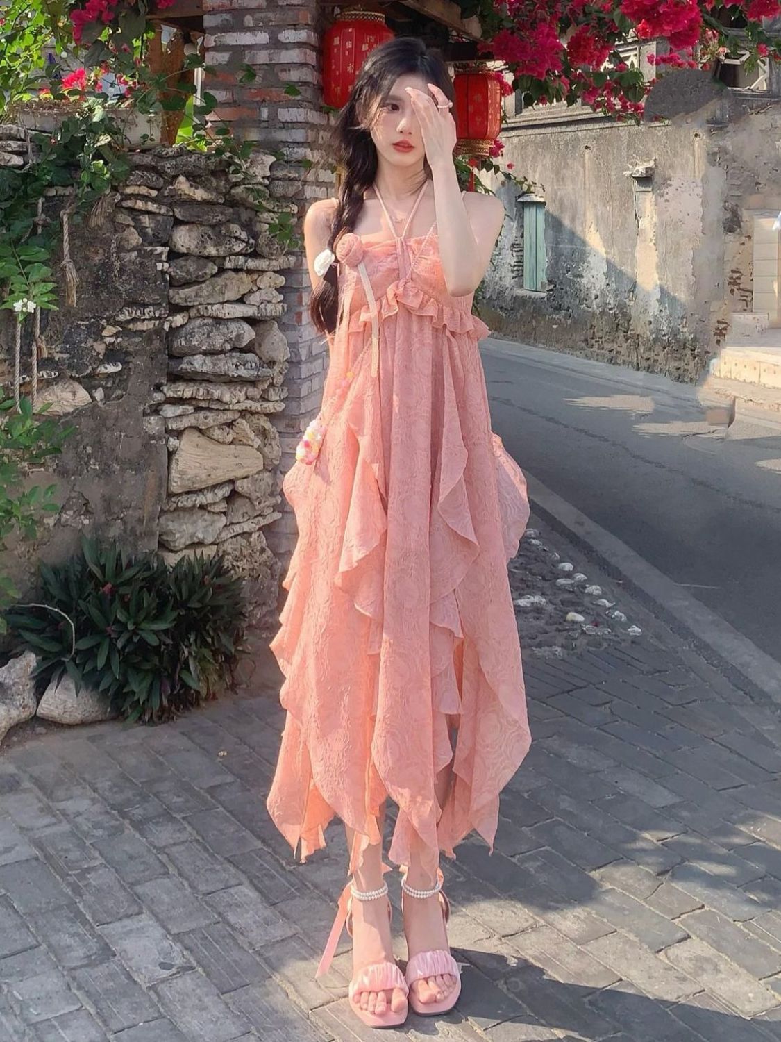 French pure desire style hanging neck suspender dress women's summer 2023 new design sense niche irregular long skirt
