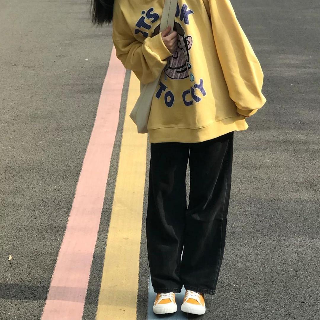 夏季新款韓版ins黑色高腰直筒牛仔褲女學生寬鬆百搭闊腿拖地長褲