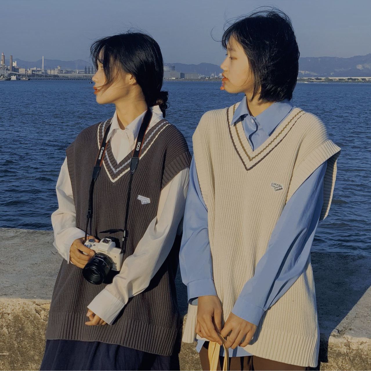 兩件套裝/單件日系簡約V領馬甲背心復古港味針織毛衣+打底襯衫潮