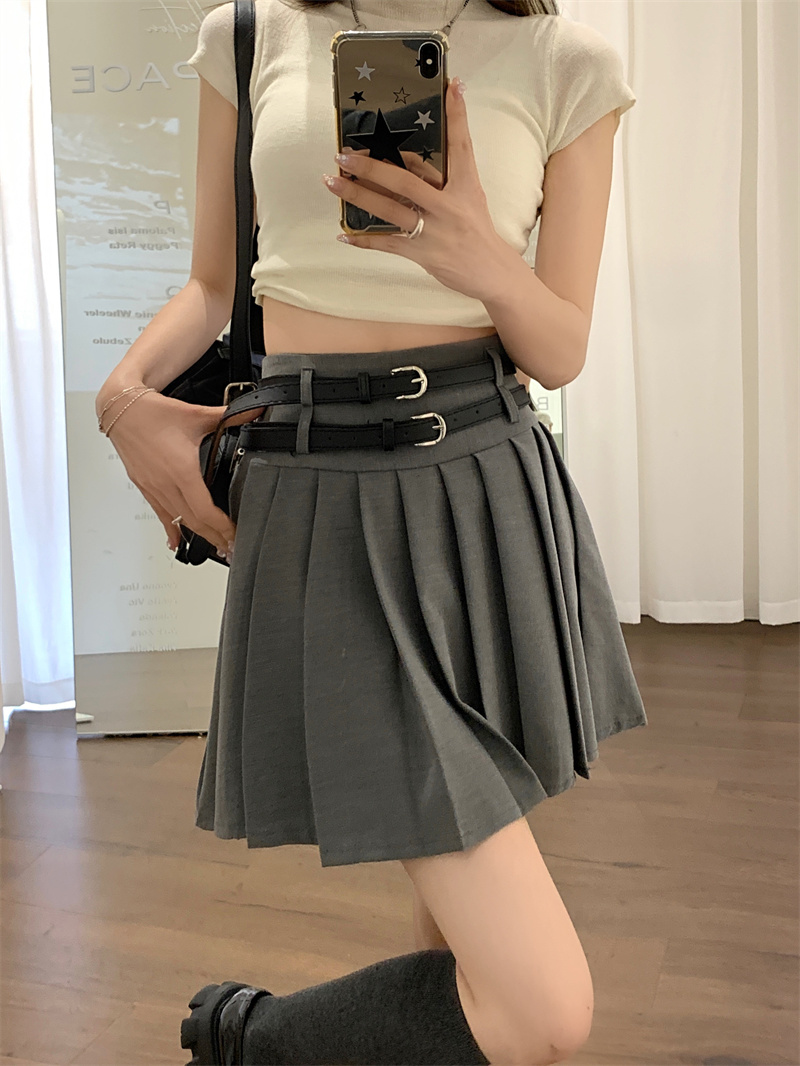 Double belt A-line half length skirt for women Spring and Autumn New Korean style high waisted skirt grey pleated skirt anti glare short skirt ins