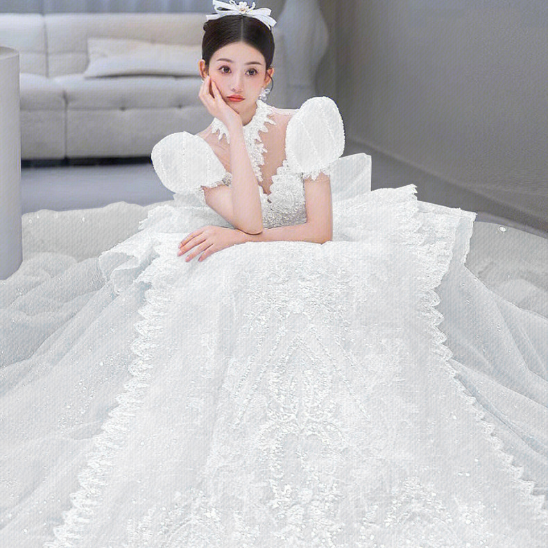 Ice princess wedding dress  new bride main yarn heavy industry luxury trailing high-quality texture court style puff sleeves