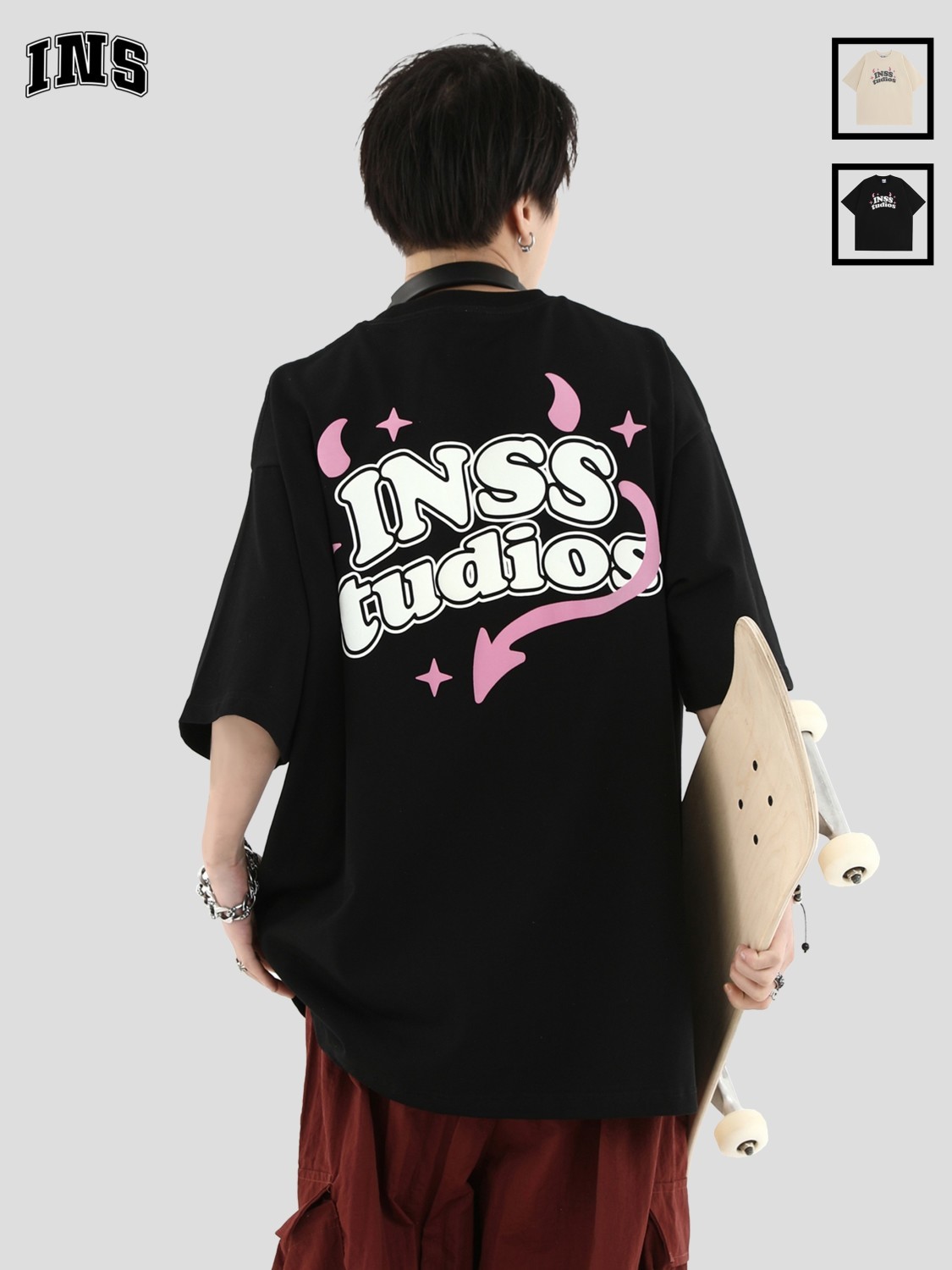 INSstudios 國潮牌情侶美式小惡魔LOGO絨面發泡短袖寬鬆重磅T恤男
