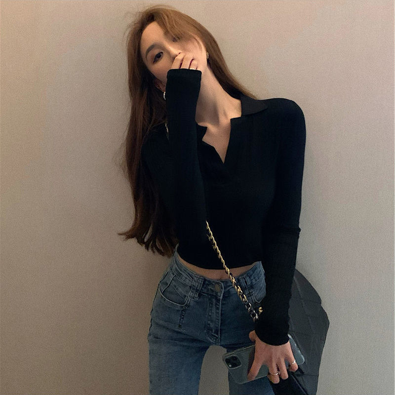 Tight short section exposed navel long-sleeved t-shirt ladies spring and summer thin section slim Hong Kong style polo collar bottoming shirt large V-neck top