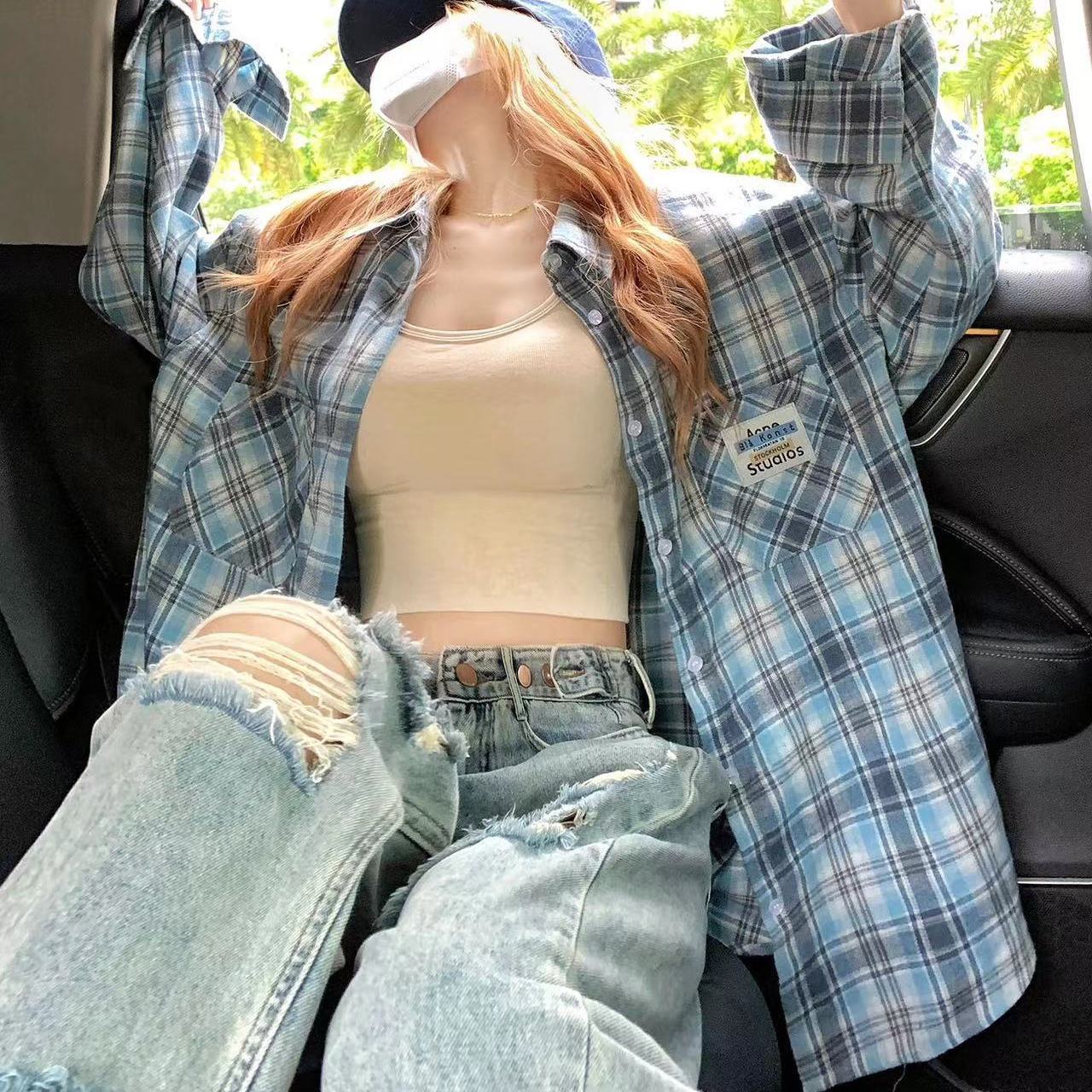 夏季薄款復古文藝貼標藍色格子襯衫女寬鬆休閒襯衣防曬衫外穿上衣