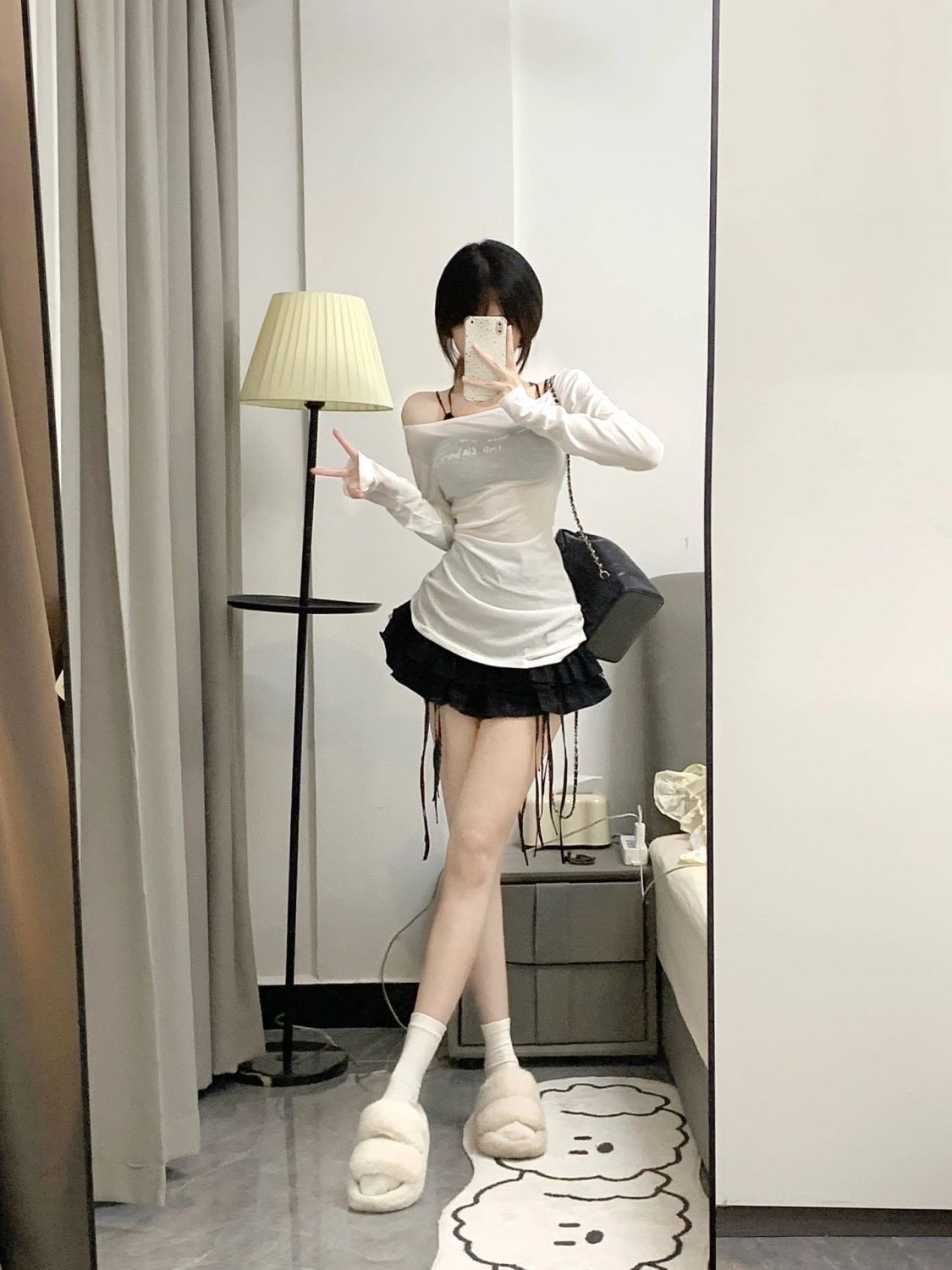 套裝女2023新款純欲風辣妹性感露肩長袖T恤防曬上衣高腰蛋糕短裙