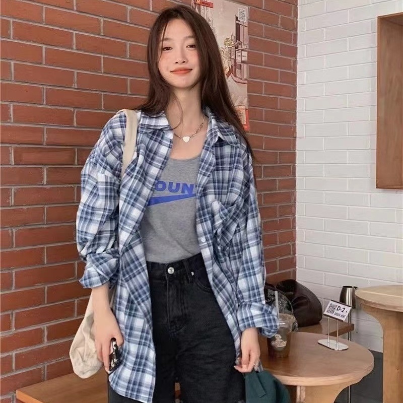格瑞吉奧格子防曬襯衫女春秋設計感小眾法式高級感長袖襯衣外套潮