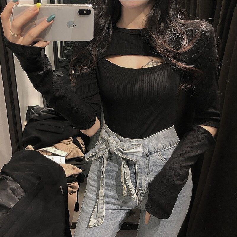 Fashion long-sleeved t-shirt women's black sexy hollow out chest show chest big tight autumn and winter inner bottoming shirt top