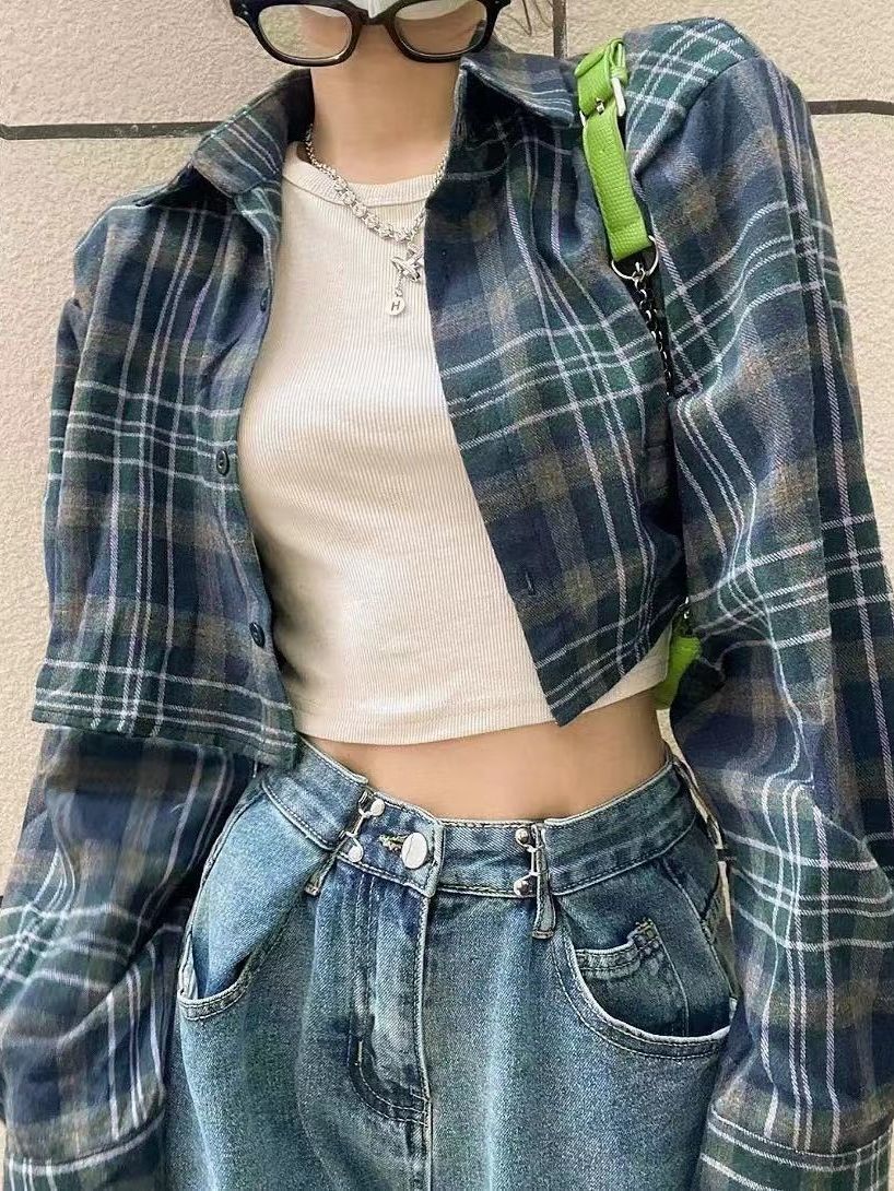 復古格紋襯衫女薄款外套韓版春夏新款寬鬆百搭休閒短款長袖襯衣潮