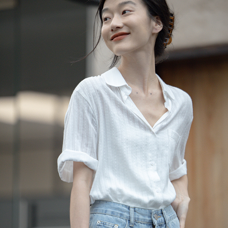 纯棉白色短袖衬衫女夏季设计感小众宽松温柔风法式复古小个子上衣