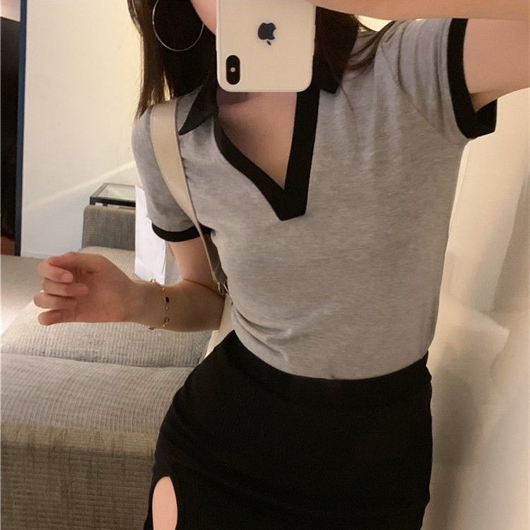 Tops with short skirts Ladies Hong Kong style polo collar fashion short tight T-shirt summer V-neck high waist showing chest tops