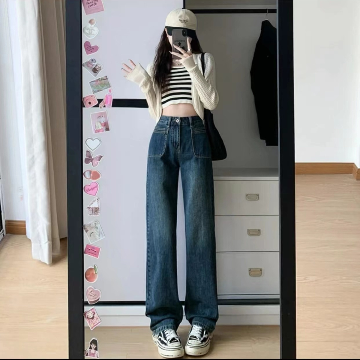 高腰闊腿牛仔褲女秋冬新款2023年新款美式復古顯瘦寬鬆直筒褲子