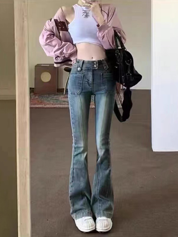 美式復古小眾獨特别致緊身彈力牛仔褲子女秋冬高腰顯瘦微喇叭褲潮