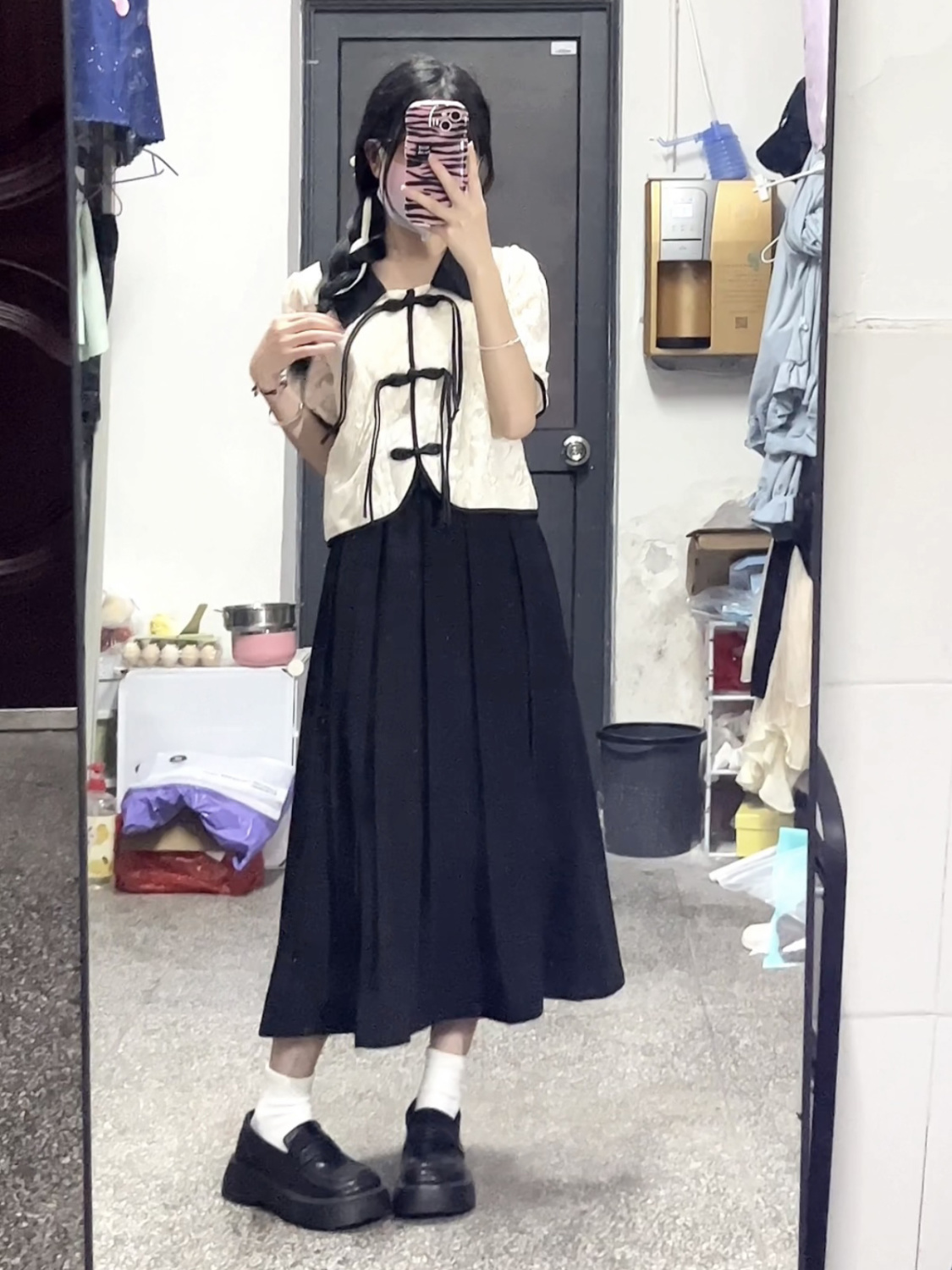 两件/套装新中式国风Polo领蝴蝶结流苏衬衣+百褶高腰半身裙女学生