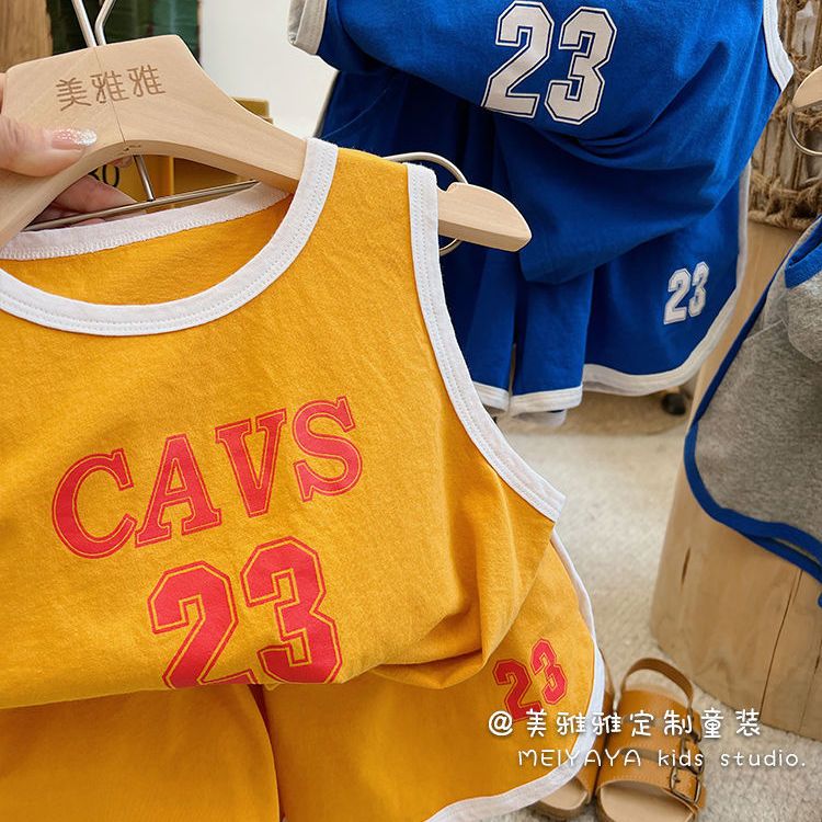 2022夏季韩版男女儿童字母运动套装宝宝无袖t恤+短裤篮球服两件套