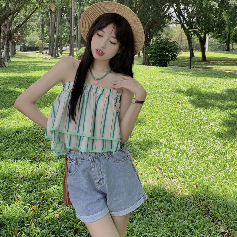 Summer Korean version of the new temperament square collar striped short flying sleeve shirt ladies French niche chiffon top
