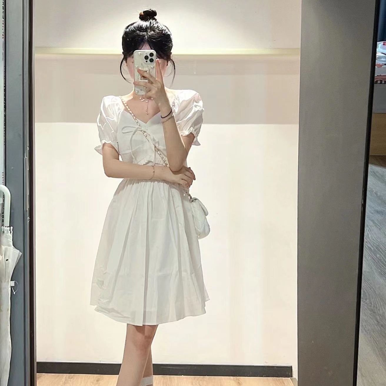 French design puff sleeves square collar white dress female student summer Korean version waist slimming a-line skirt