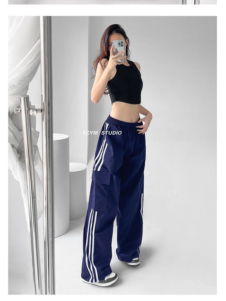 Cargo pants for women American retro black sweatpants for small people spring and autumn new hip-hop loose wide-leg trousers