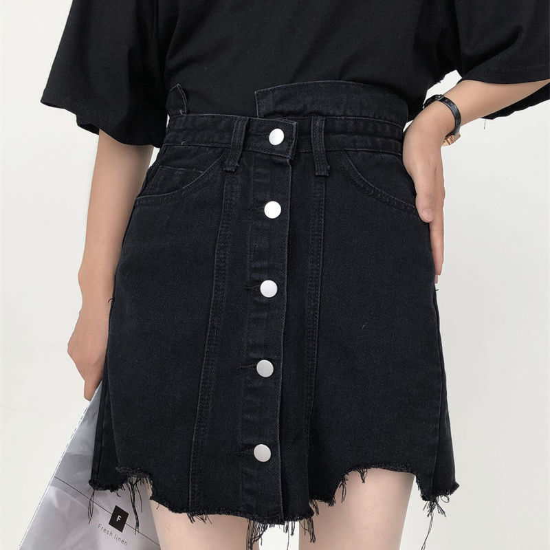 黑色不規則牛仔短裙女夏季大碼胖mm高腰顯瘦百搭包臀A字半身裙子