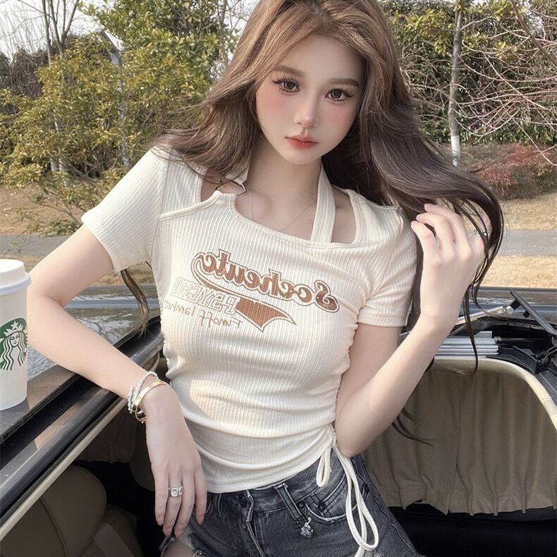 Design sense niche chic hot girl top women's summer bm wind irregular hanging neck short-sleeved high-waisted T-shirt