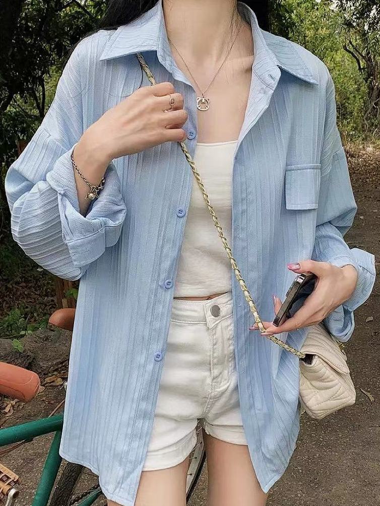 2023夏季薄款法式氣質藍色條紋襯衫外穿女寬鬆百搭顯瘦襯衣防曬衫