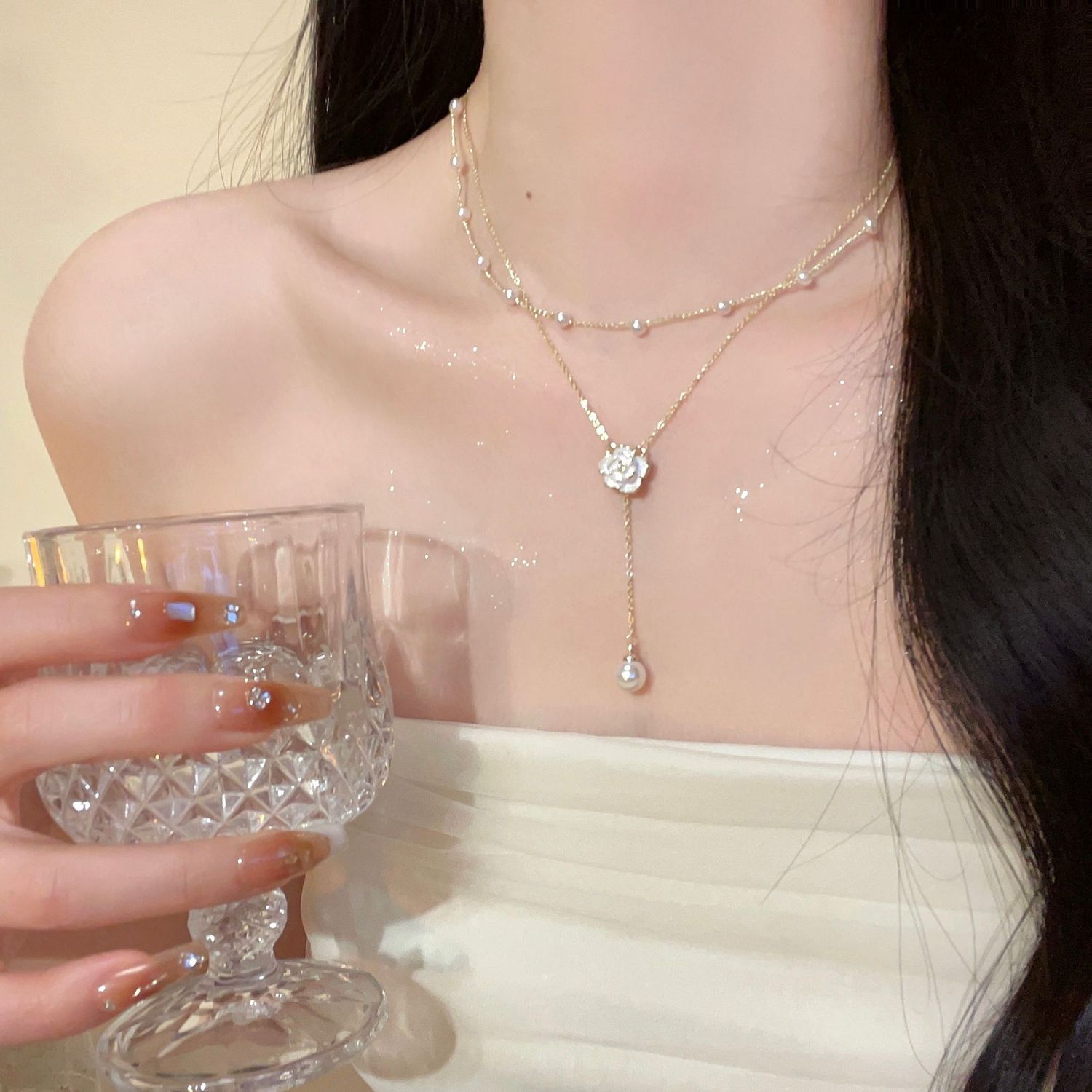 双层流苏珍珠项链女小众设计感山茶花锁骨链轻奢高级感气质脖颈链