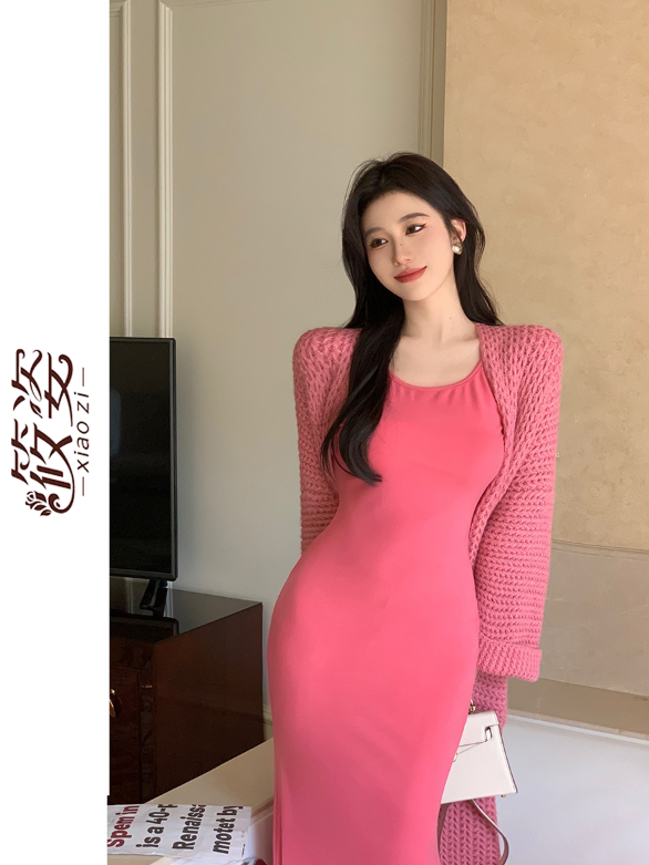 Xiaozi raspberry color lazy spring and autumn mid-length dress women look thin and high-end Korean version loose  new