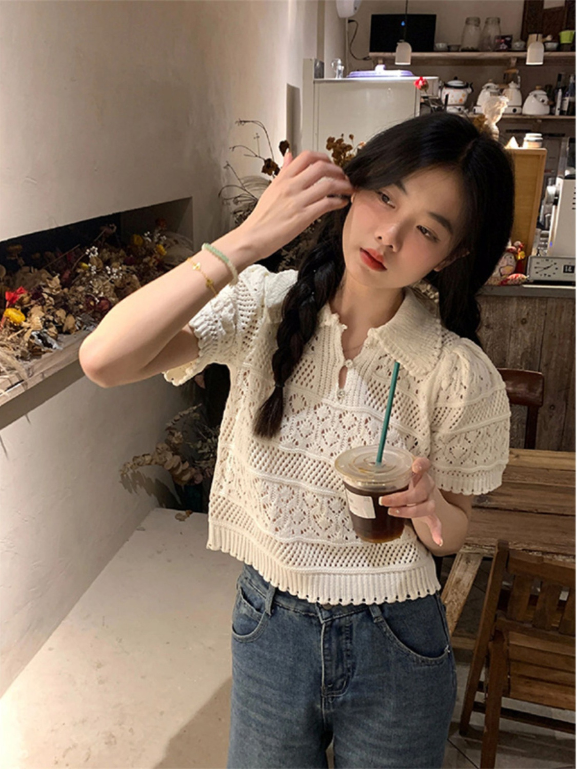 White short hollow doll collar shirt ice silk front shoulder short-sleeved knitted T-shirt women's summer design sense high waist top thin