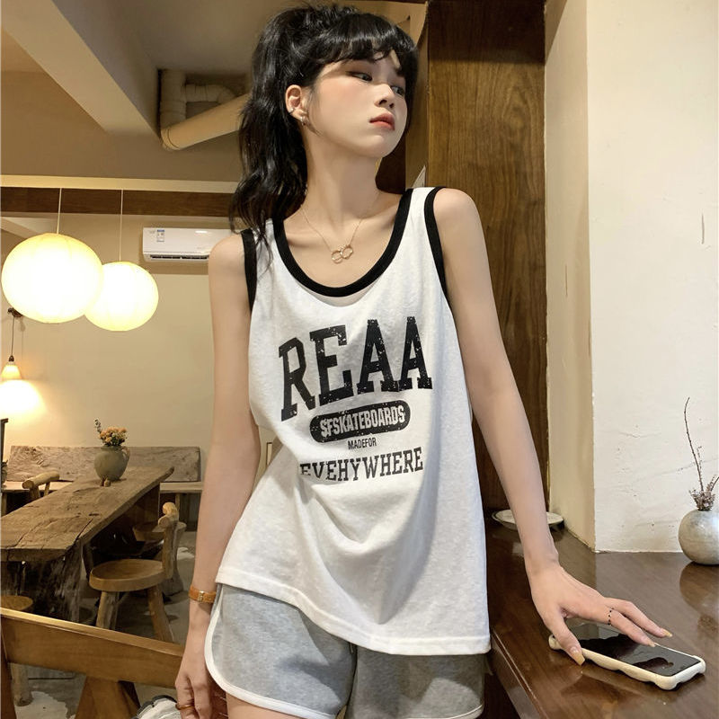 Summer Korean style college style contrasting letter printed camisole women's mid-length age-reducing loose casual top trendy