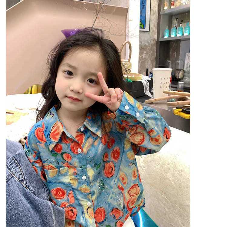 女童复古印花衬衫2023新款宝宝上衣时髦韩版母女装洋气长袖衬衣潮