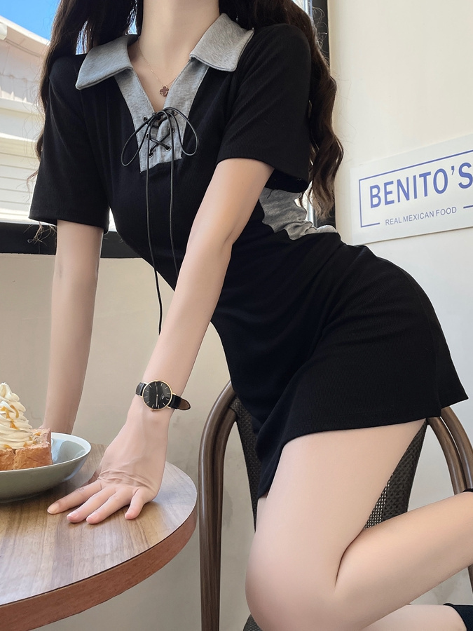 純欲風辣妹Polo領撞色拼接連衣裙2023夏季設計感收腰顯瘦包臀短裙