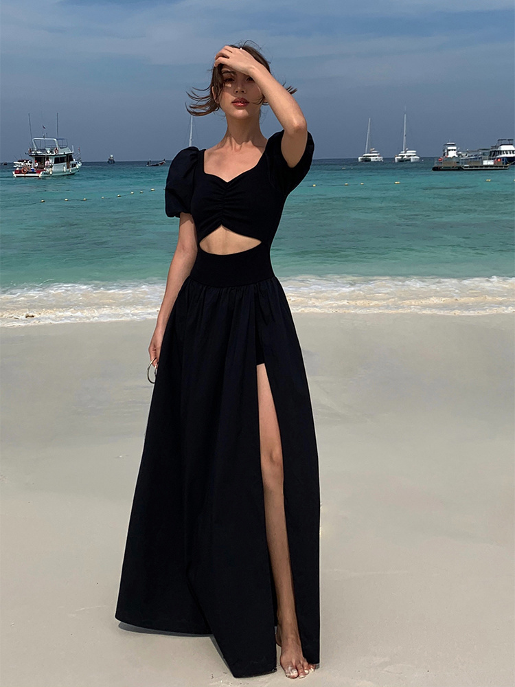 Xiaozi black Hepburn style square collar short-sleeved slit dress female 2023 French niche design long skirt