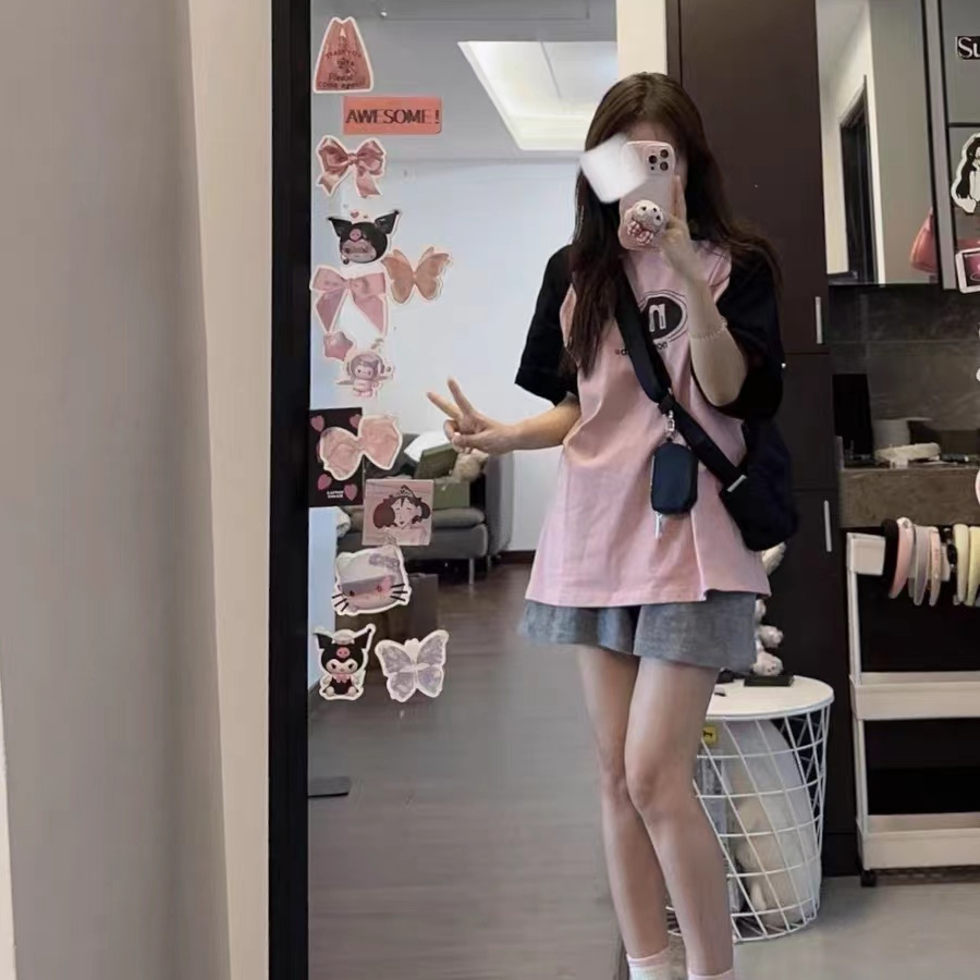 真的很愛插肩袖!!!【拼接設計】原宿BF風短袖t恤女INS韓版上衣服
