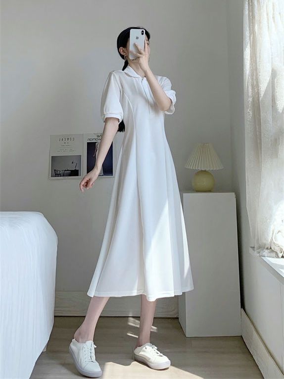 POLO collar short-sleeved dress summer  new waistline slim fashion temperament mid-length A-line skirt ins