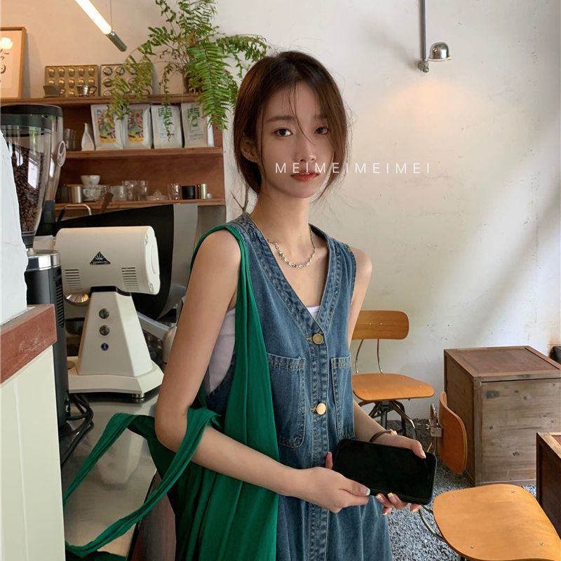 Careful machine denim dress women's spring and summer new small sleeveless tank top skirt loose and slim two-piece set strap skirt