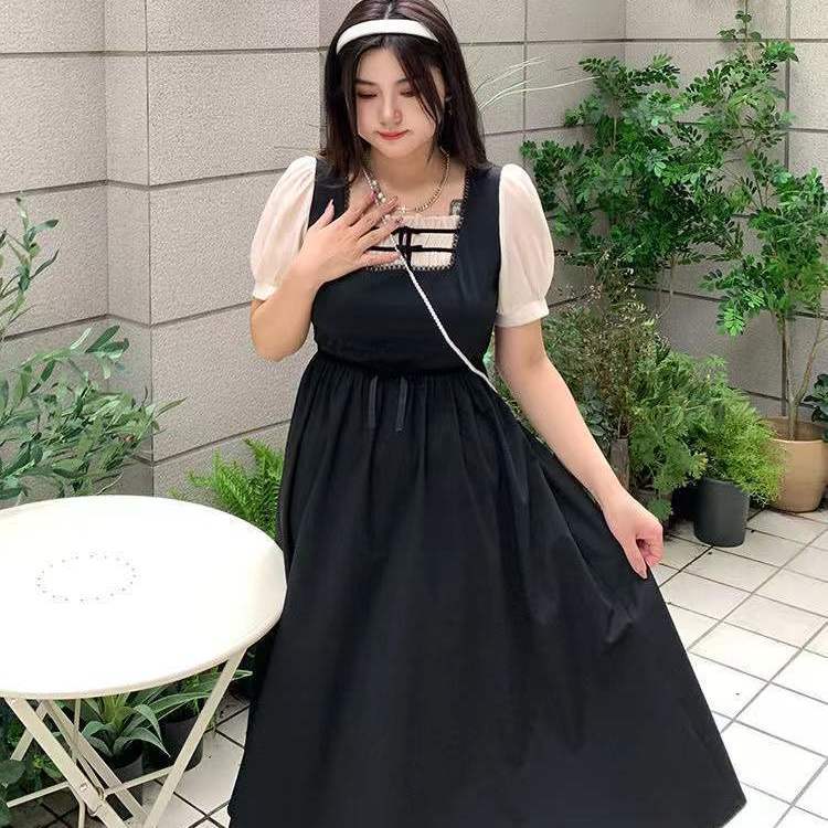 大碼法式赫本風假兩件小黑裙子夏季微胖mm收腰顯瘦溫柔風連衣裙女
