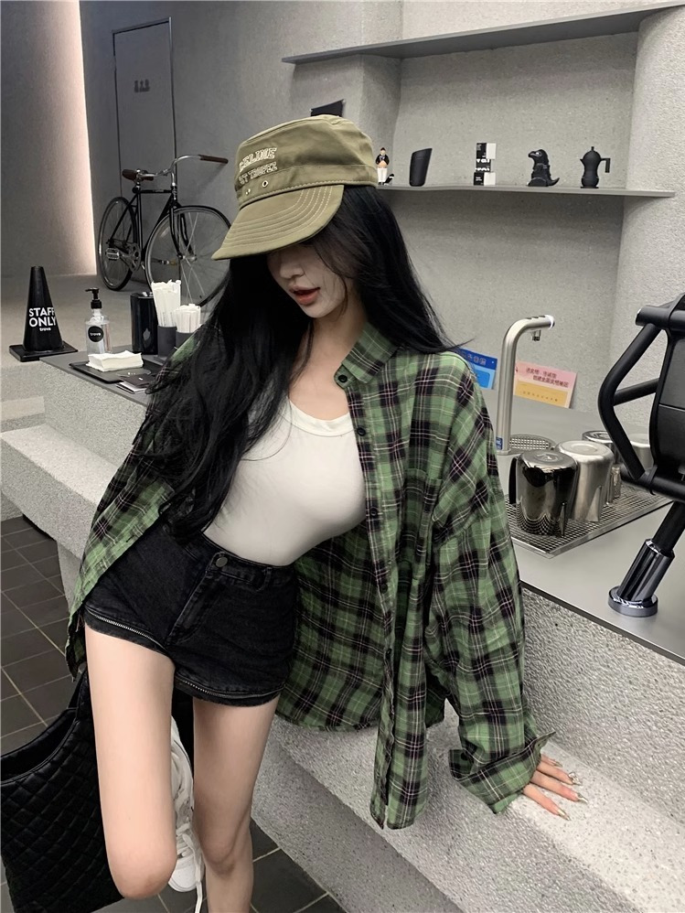 韓版polo領格子長袖襯衫女裝秋季綠色薄款寬鬆中長款防曬外套上衣